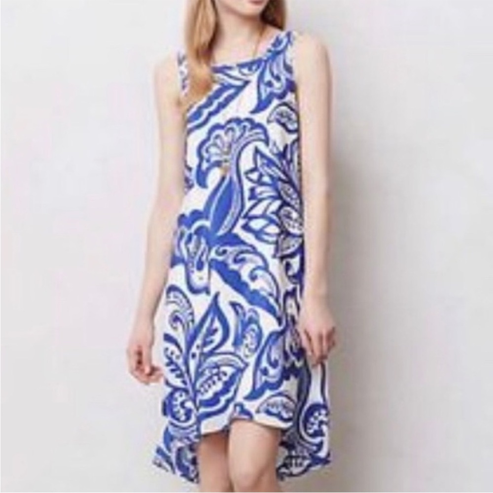 Leifsdottir Anthropologie Blue White 100% Silk Bird Print High Low Lined Sz 4